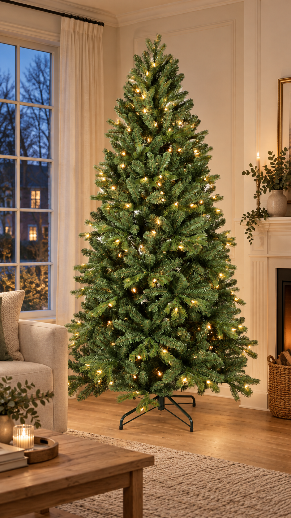 7 ft green Christmas tree with warm white lights in a living room
