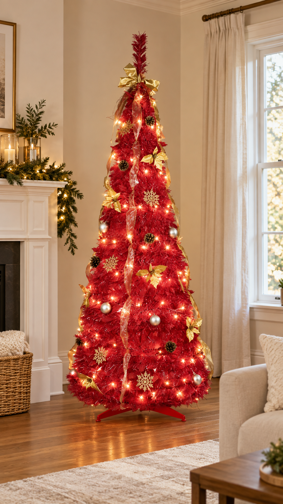 6 ft red decorated pop-up Christmas tree with warm white lights