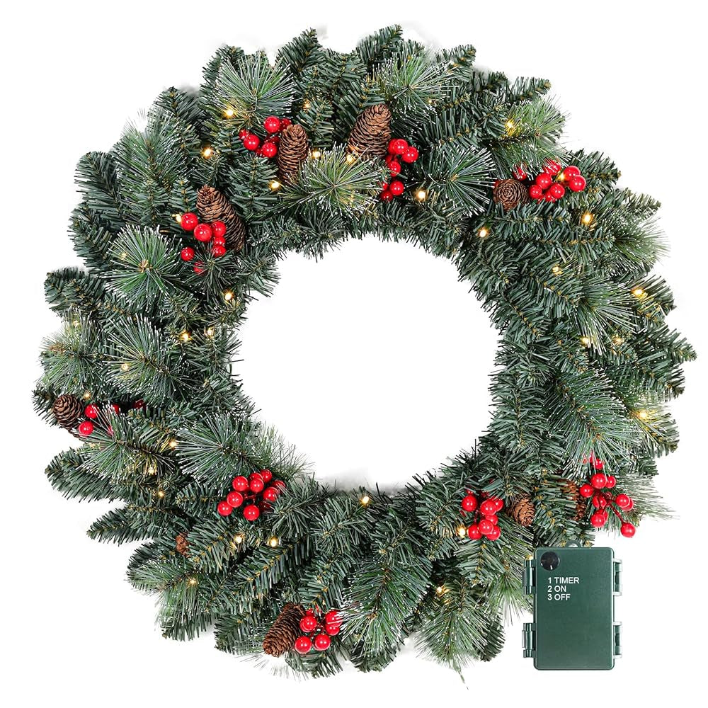 25 in Warm White LED Berry & Pinecone Wreath