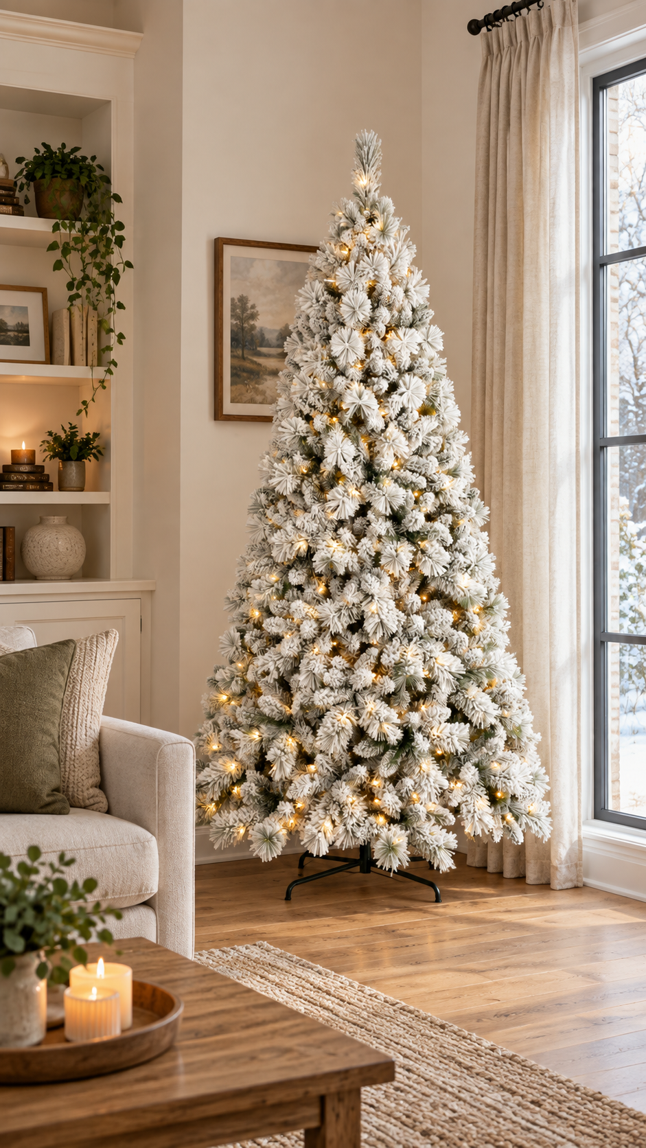 6 ft flocked Christmas tree with warm white lights in a living room