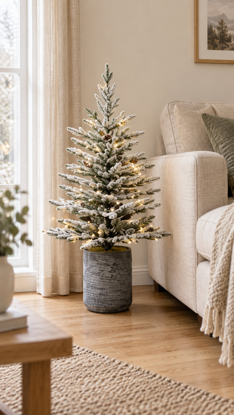 3 ft flocked Christmas tree in a gray pot with warm white lights